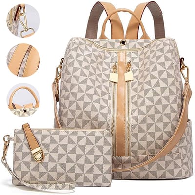 Wishdor 2-Delige Dames Rugzak Set - Premium Vegan Leer met Koeienprint - Inclusief Etui - Kabelpoort - Off-white