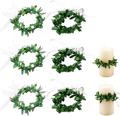 Druppelbescherming voor communiekaarsen, decoratieve kaarskrans met groene bladeren en witte organza, ideaal voor doop en bruiloft, diameter 6 cm, groen, feestelijke decoratie