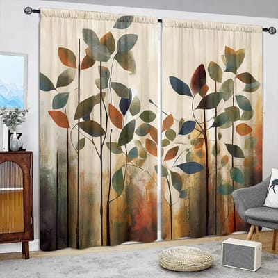 2 stuks Gordijn met Kunstbladerenprint voor Huisdecoratie - Tunnel voor Roede Raambekleding voor Slaapkamer, Kantoor, Keuken, Woonkamer en Studiekamer 52.5cmX116cmX2pcs beige