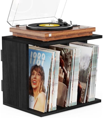 SNJY® Platenspeler Meubel - Platenspeler Kast - LP Houder - Platenhouder - 32L x 42B - 36H cm - Vintage Zwart
