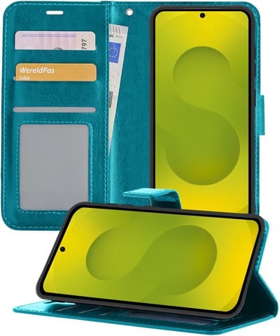 Hoesje - Met Pasjeshouder - Geschikt voor Samsung Galaxy S25 FE - Luxe Bookcase Portemonee - Flip Case - Kunstleer Book Case - Flipcase - Book Cover - Walletcase - Portemonneehoes - Telefoonhoesjes - Turquoise