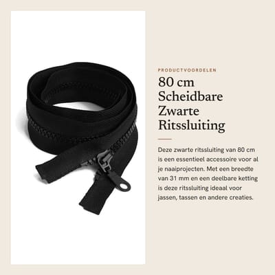 Dailygoods- Ritssluiting 80 cm - Scheidbaar - Maat 5 - Breedte 31 mm - Machinewasbaar - Hoogwaardig Hars - Rits