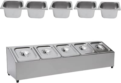 Pizza Topping station - Ingredientenbak - Garneerunit - Voorraadbakjes - met 5 Pannen - Voor Keuken, Horeca en Buffet - met Deksels - Roestvrijstalen