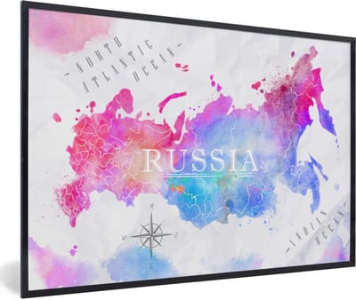 Fotolijst incl. Poster - Wereldkaart - Rusland - Waterverf - 120x80 cm - Posterlijst