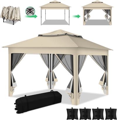 Partytent met klamboe 3.3x3.3x2.68M Beige Partytent feesttent terrasoverkapping Partytenten Met opbergtas, Paviljoen Zandzakken