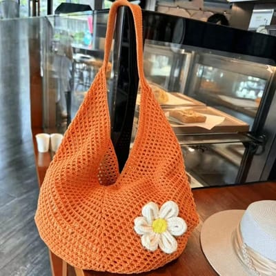 Dames zomer strandtas, beige gehaakte strandtas, opvouwbaar en lichtgewicht, bohemian stijl, geschikt voor vakantie, winkelen en dagelijks gebruik,oranje kleur