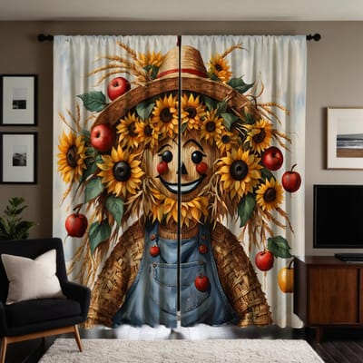 Lot de 2 pièces HD Guirlande de Thanksgiving Épouvantail rideau décoratif Cravate jaune rideau imprimé numériquement Décoration de maison style Décoratif W52H63inchW132H160cm brown
