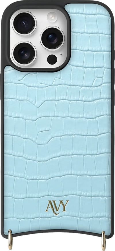 AVY Leren Hoesje geschikt voor Apple iPhone 16 Pro | Compatibel met MagSafe | Leather Case | Back Cover | Haakjes voor koord | Croco Blauw