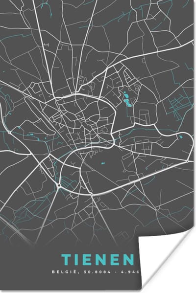 Poster Stadskaart – Grijs - Kaart – Tienen – België – Plattegrond - 120x180 cm XXL