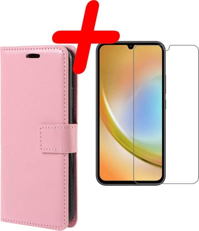 Hoesje Met Screenprotector - Geschikt voor Samsung Galaxy A34 - Luxe Pasjeshouder - Bookcase Portemonee - Flip Case - Kunstleer Book Case - Flipcase - Book Cover - Walletcase - Portemonneehoes - Lichtroze