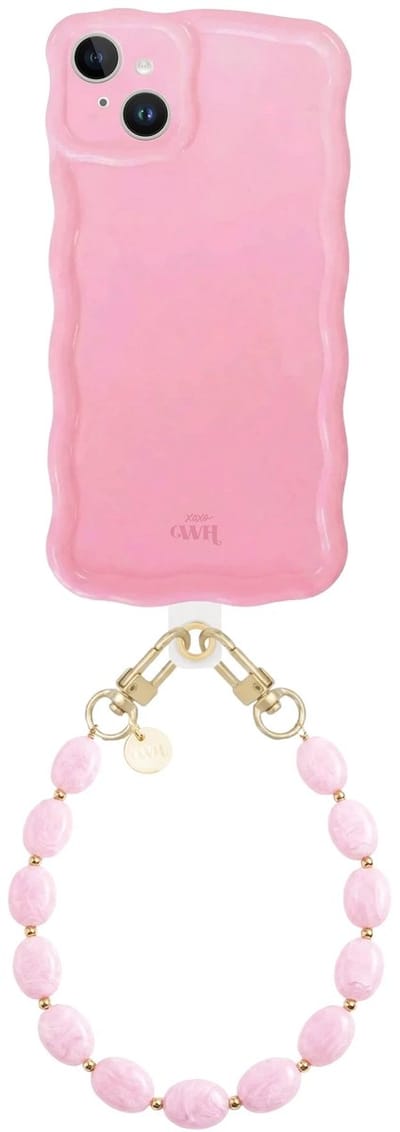 xoxo Wildhearts Glossy Wavy Case Bubble Blush - Ocean Blush (kort koord) - geschikt voor iPhone 15 - hoesje met telefoonkoord - afneembaar koord - Kralenketting - kort telefoonkoord - hoesje met golven - Roze