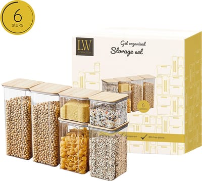 LW Collection voorraadpotten set van 6 met bamboe deksel - Voorraadpotjes luchtdicht - voorraadbussen - snoep pot - organize potten - opbergpotten - keukenpotten - food container - luxe - complete set 6 stuks