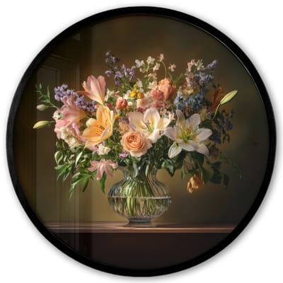 Poster in lijst Rond - Fotolijst 40x40 cm - Posters - Glazen - Bloemen - Boeket - Kleuren - Ronde posterlijst zwart - Decoratie - Wanddecoratie woonkamer - Muurdecoratie slaapkamer