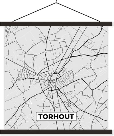 Posterhanger incl. Poster 60x60 cm - Schoolplaat - Zwart Wit – België – Plattegrond – Stadskaart – Kaart – Torhout - Textielposter - Zwarte latten - Stadskaart