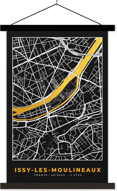 Posterhanger incl. Poster 40x60 cm - Schoolplaat - Plattegrond – Kaart – Stadskaart – Frankrijk – Issy-les-Moulineaux - Textielposter - Zwarte latten - Stadskaart