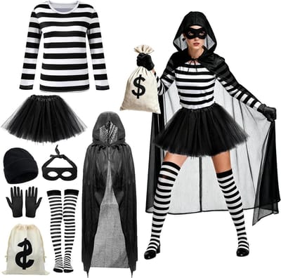 Vrouwelijk 8-delig Dief Kostuum voor Carnaval en Halloween met Cape, Hoed, Masker, Shirt en Rok