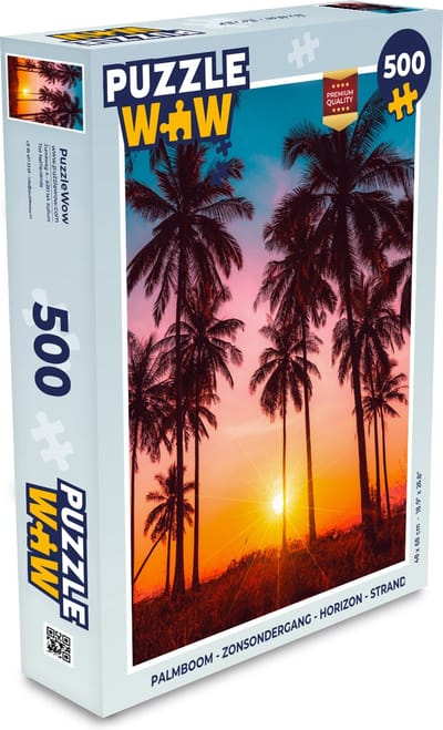 Puzzel Palmboom - Zonsondergang - Horizon - Strand - Oranje - Roze - Legpuzzel - Puzzel 500 stukjes