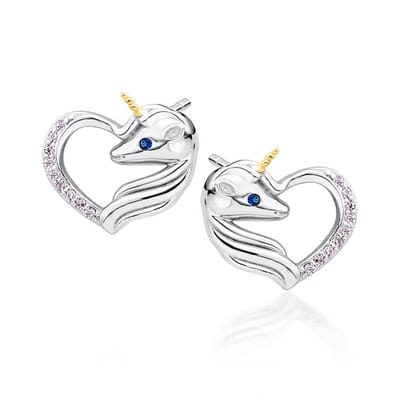Joy|S - Zilveren hartje met eenhoorn oorbellen - 11 x 12 mm - unicorn zirkonia licht roze - gehodineerd