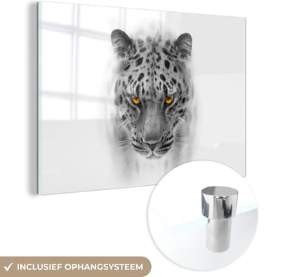 MuchoWow® Glasschilderij 60x40 cm - Schilderij acrylglas - Luipaard - Zwart - Wit - Kop - Foto op glas - Schilderijen