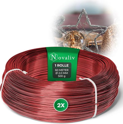 Novaliv 120 meter aluminiumdraad 2 mm rood, knutseldraad ideaal als buigdraad voor knutselen, veelzijdig voor doe-het-zelfprojecten en decoraties, rol van 60 m decoratief draad, bloemendraad, geen sieradendraad