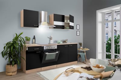 Goedkope keuken 210  cm - complete keuken met apparatuur Merle  - Eiken/Zwart - soft close - keramische kookplaat    - afzuigkap - oven    - spoelbak
