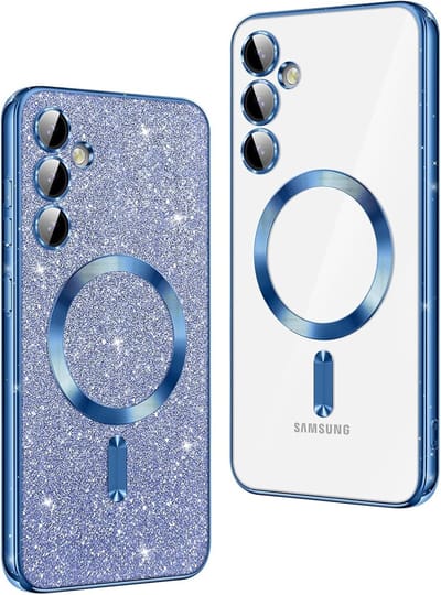 Hoesje Geschikt Voor Samsung Galaxy S23 Magsafe hoesje Blauw - Lens beschermer glitter backcover