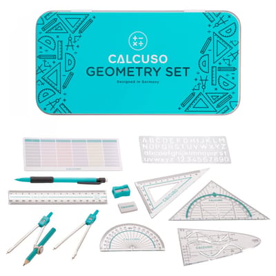 Geodriehoek, Passer, Liniaal en Accessoire Set - Geometrieset 14-delig - in duurzame metalen doos -Turkoois