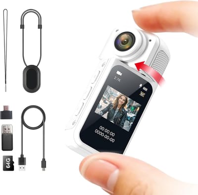 Actiecamera - Minicamera - Klein formaat met veerklem - Draagbaar - Overal te monteren - Geschikt voor fietsen, motorrijden en meer, handsfree POV-opname, helmcamera - Wit