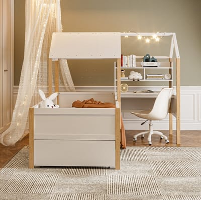 FloraGrace Halfhoogslaper 90x200 cm - Kinderbed Met Bureau en Boekenkast - Met Laden en Uitvalbeveiliging - Hout MDF - Wit - Zonder Matras
