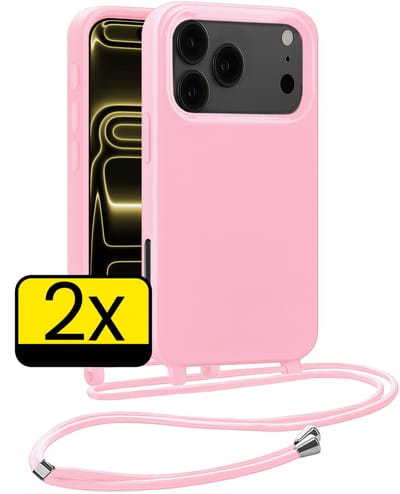 Hoesje Geschikt voor iPhone 17 Pro Hoesje Met Koord Siliconen Case - Hoes Geschikt voor iPhone 17 Pro Backcover Met Afneembaar Koord - Lichtroze - 2 Stuks