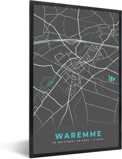 Fotolijst incl. Poster - Plattegrond – Waremme – Blauw – Stadskaart - Kaart - 40x60 cm - Posterlijst