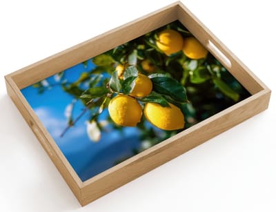 Dienblad hout 40x30 cm - Schootdienblad - Citroenen - Bladeren - Blauwe lucht - Borrelplank rechthoek - Plateau dienbladen