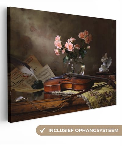 Canvas schilderij 40x30 cm - Wanddecoratie Viool - Rozen - Roze - Bloemen - Stilleven - Muurdecoratie woonkamer - Slaapkamer decoratie - Kamer accessoires - Schilderijen op canvas