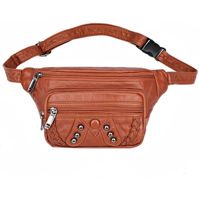 Sac banane multi-fermetures éclair pour femme, grande capacité, sac à bandoulière tendance avec rivets tressés, sac décontracté de grande capacité pour maman brown