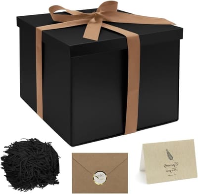Grote Zwarte Cadeaubox met Deksel, Vouwbaar met Handvat, Inclusief Wenskaart en Versiering, Perfect voor Cadeauverpakking en Feestelijke Gelegenheden