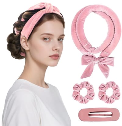 Haarrollers - Heatless Curls - Haarkruller zonder hitte - 4 delig - Incl. Scrunchies en Haarklem - Roze - Haarrollers - Hoofdband - Krullen Zonder Hitte - Krullend Haar Producten - Haarkruller