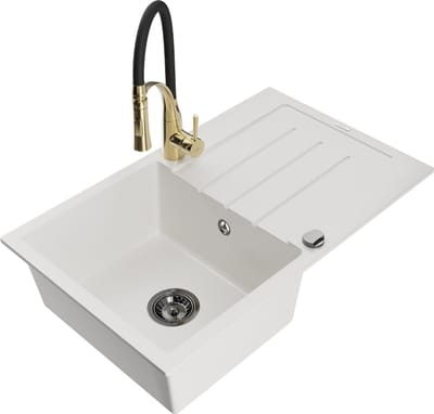 Mexen Bruno granieten gootsteen 1-kompartment met afdruiprek en keukenmengkraan Aster, wit - 6513-20-73450-57-B