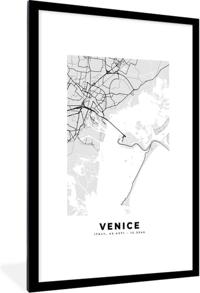Fotolijst incl. Poster Zwart Wit- Kaart - Venetië - Zwart Wit - Stadskaart - Plattegrond - 80x120 cm - Posterlijst