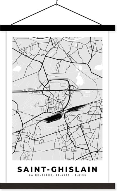 Posterhanger incl. Poster 40x60 cm - Schoolplaat - Stadskaart – Zwart Wit - Kaart – Saint Ghislain – België – Plattegrond - Textielposter - Zwarte latten - Stadskaart