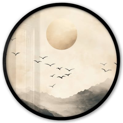 Poster in lijst Rond - Fotolijst 40x40 cm - Posters - Landschap - Japandi - vogel - Ronde posterlijst zwart - Decoratie - Wanddecoratie woonkamer - Muurdecoratie slaapkamer