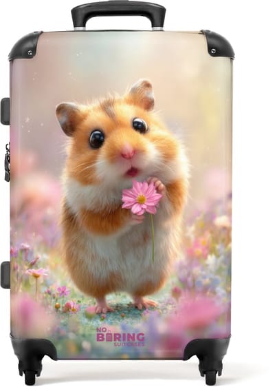NoBoringSuitcases.com - Grote koffer - Hamster omringd door bloemen - Kinderkoffer geschikt voor jongen en meisjes - Reiskoffer met 4 wielen - Trolley op wieltjes - Rolkoffer groot kinderen - 72 liter - Ruimbagage valies 20kg