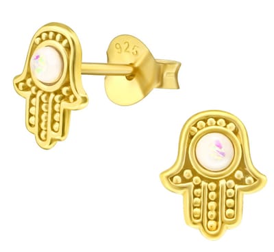 Joy|S - Zilveren hamsa oorbellen - 6 x 8 mm - opaal - gold plated