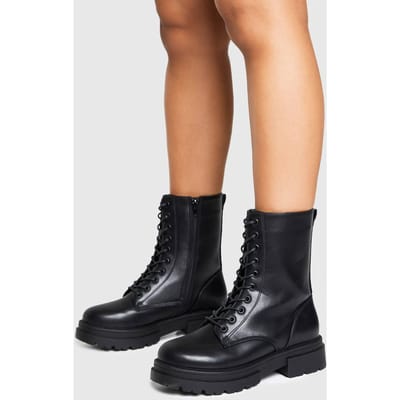 boohoo Dames Brede pasvorm vetersluitende wandellaarzen | Black | Maat: 3