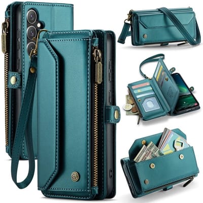 CaseMe C36 Hoesje Geschikt voor Samsung Galaxy S25 FE | Wallet Zipper Book Case met Pasjeshouder | Portemonnee Beschermhoes | met Schouder Strap | Blauw