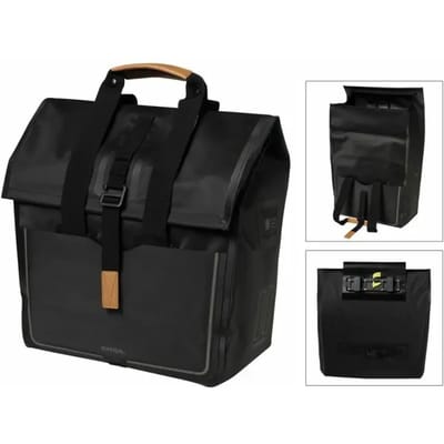 Basil Urban Dry Fietsshopper 25L Zwart Waterdicht Tarpaulin Hook-On Systeem Vegan Leather Accenten Voor E-bike & Stadsfiets