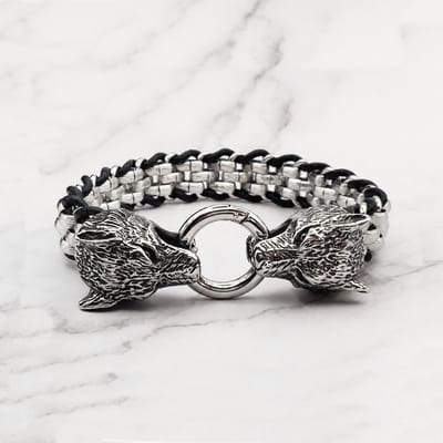 Mei's - Viking Geri & Freki - armband heren - wolf - leer/RVS zilver/zwart - polsmaat 18 cm
