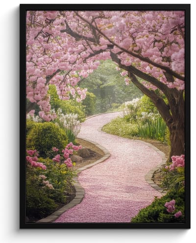 Poster in lijst - Fotolijst 50x70 cm - Posters - Kersenbloesem - Natuur - Sakura - Pad - Japanse tuin - Posterlijst zwart - Decoratie - Wanddecoratie woonkamer - Muurdecoratie slaapkamer
