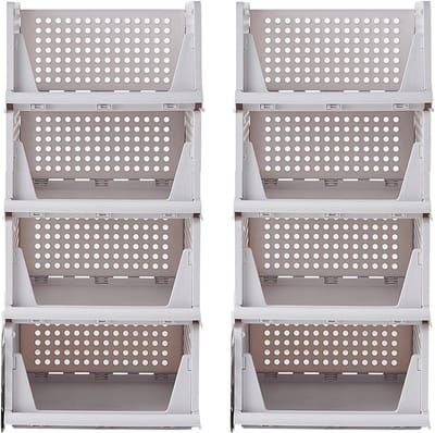 Famanu – Stapelbare opvouwbare kast organizers (8 stuks) – Kunststof lade-opbergdozen voor slaapkamer, keuken en kledingkast – Wit