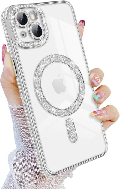 Diamant Glitter Telefoonhoesje Geschikt voor Magsafe met Camera Bescherming voor iPhone 15 - FuturiQ - Zilver