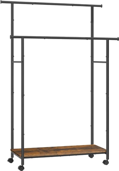 Sierra Kledingrek, Kledingrek met wielen, kapstok met plank, dubbele hanger, breedte 98,5 cm, totale capaciteit 100 kg, stalen frame, rustiek bruin en inktzwart HSR152B01